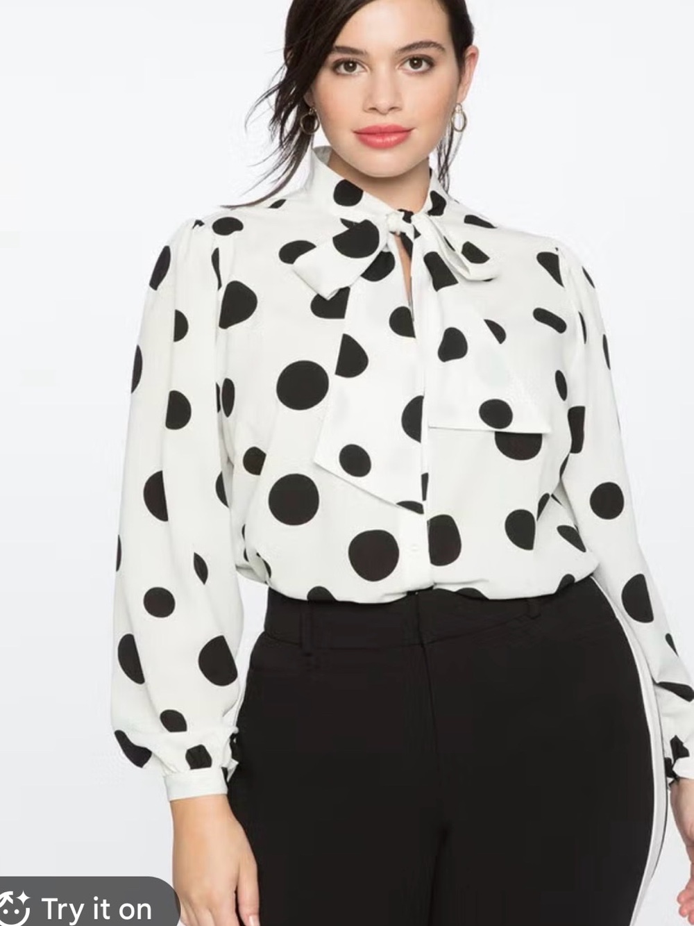 Eloquii White and Black Polka Dot Tie-Neck Blouse